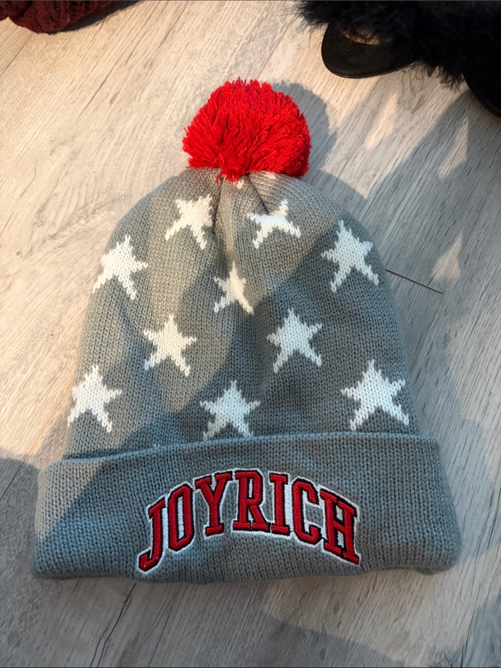 Joyrich Gray Star Knit Beanie with Red Pom